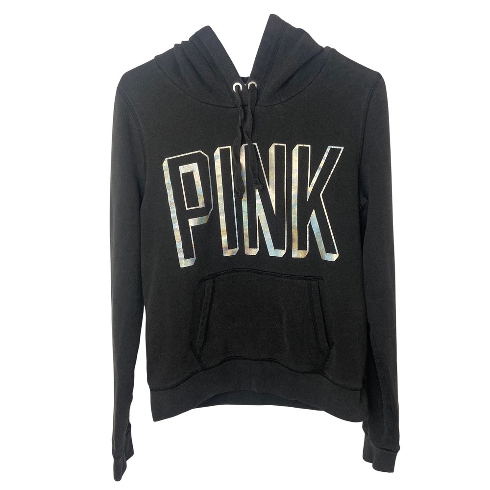 Victoria's Secret PINK Hoodie Black‎ Holographic Iridescent Logo Pullover Medium